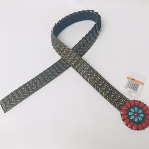 Stretchy Embellished Metal belt with Red & Turquoise colored teardrops.
